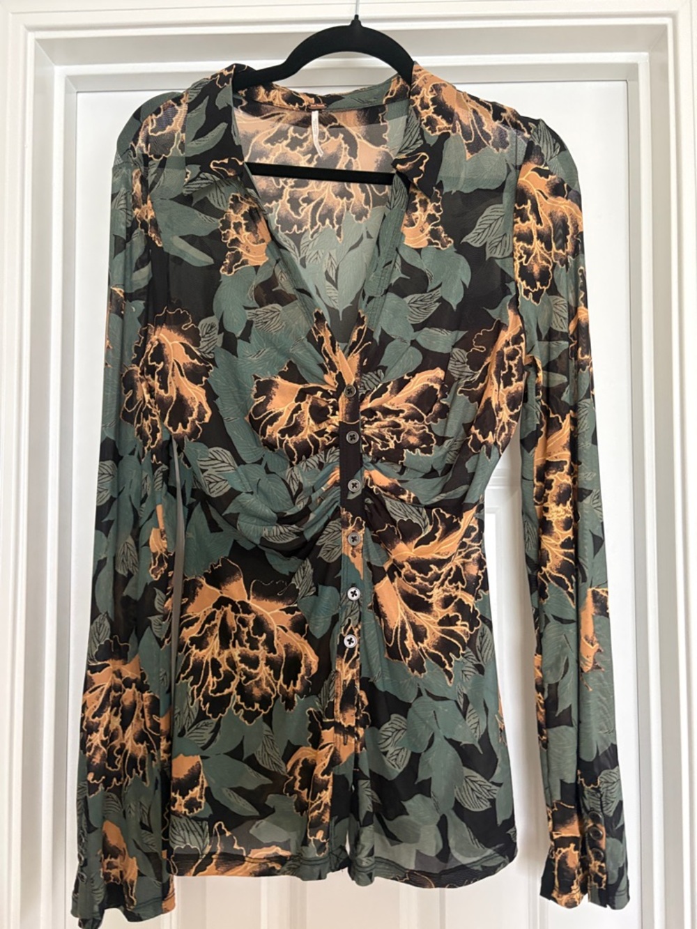 Free People Floral Button-Front Long Sleeve Top — Black, Olive & Mustard